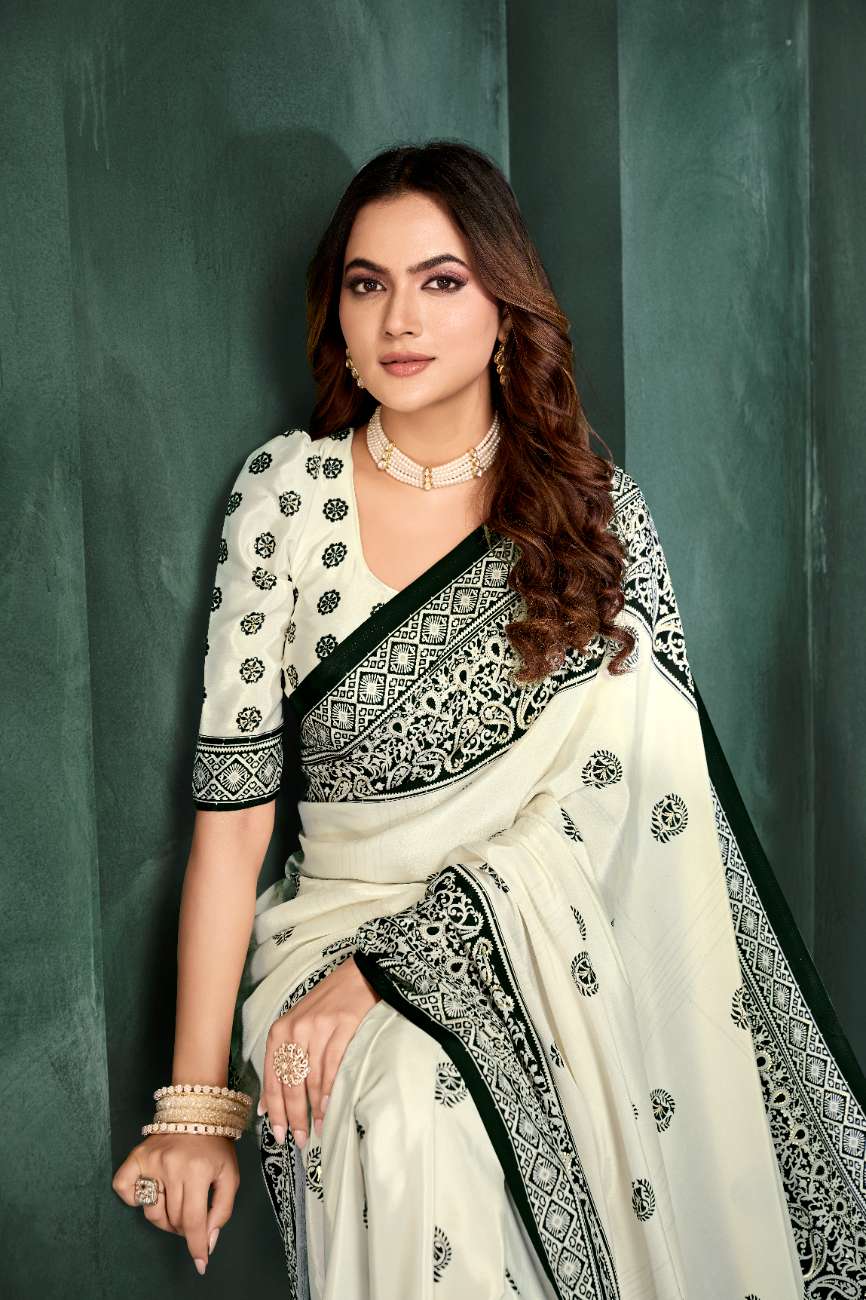 PURE BLISS – Elegant Crepe Silk Saree with Black & White Foil Position Print | Contemporary Luxury