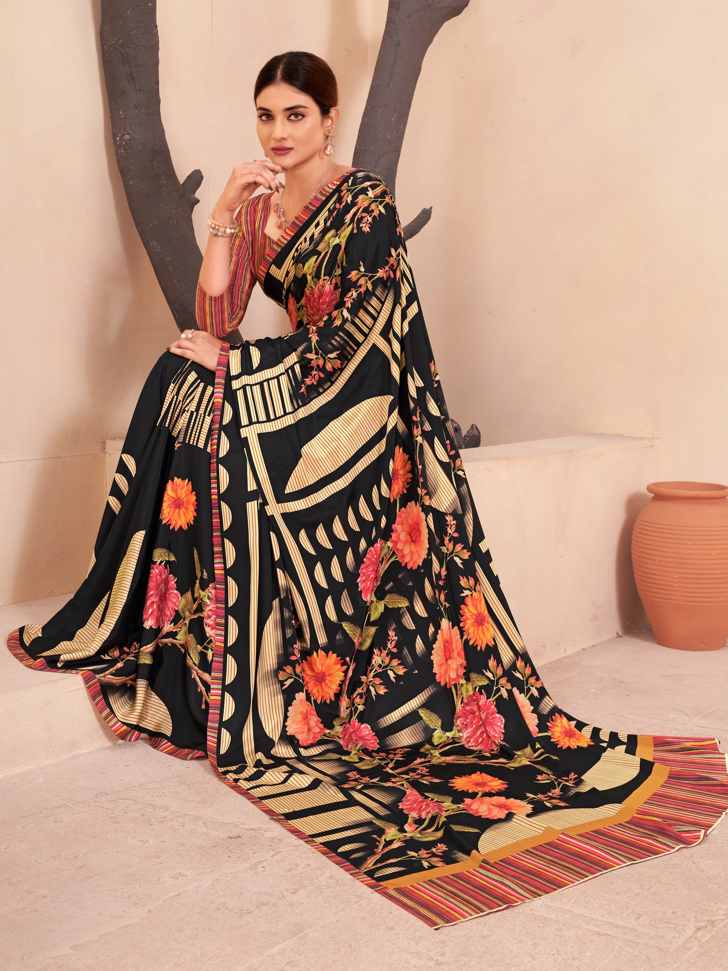 Jivora Women Crepe Soft Silk Striped And Floral Printed Saree with Unstitched Blouse.