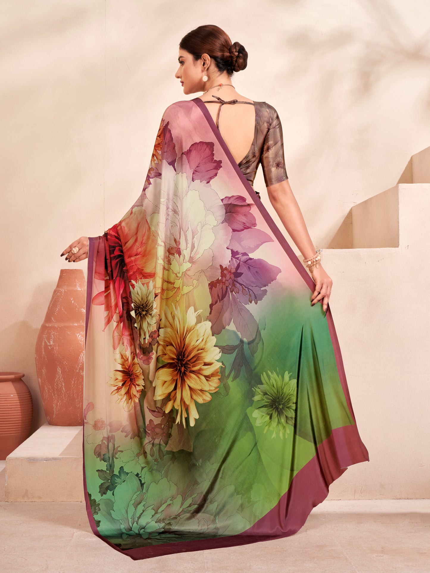 Jivora Women Crepe Soft Silk Striped And Floral Printed Saree with Unstitched Blouse.