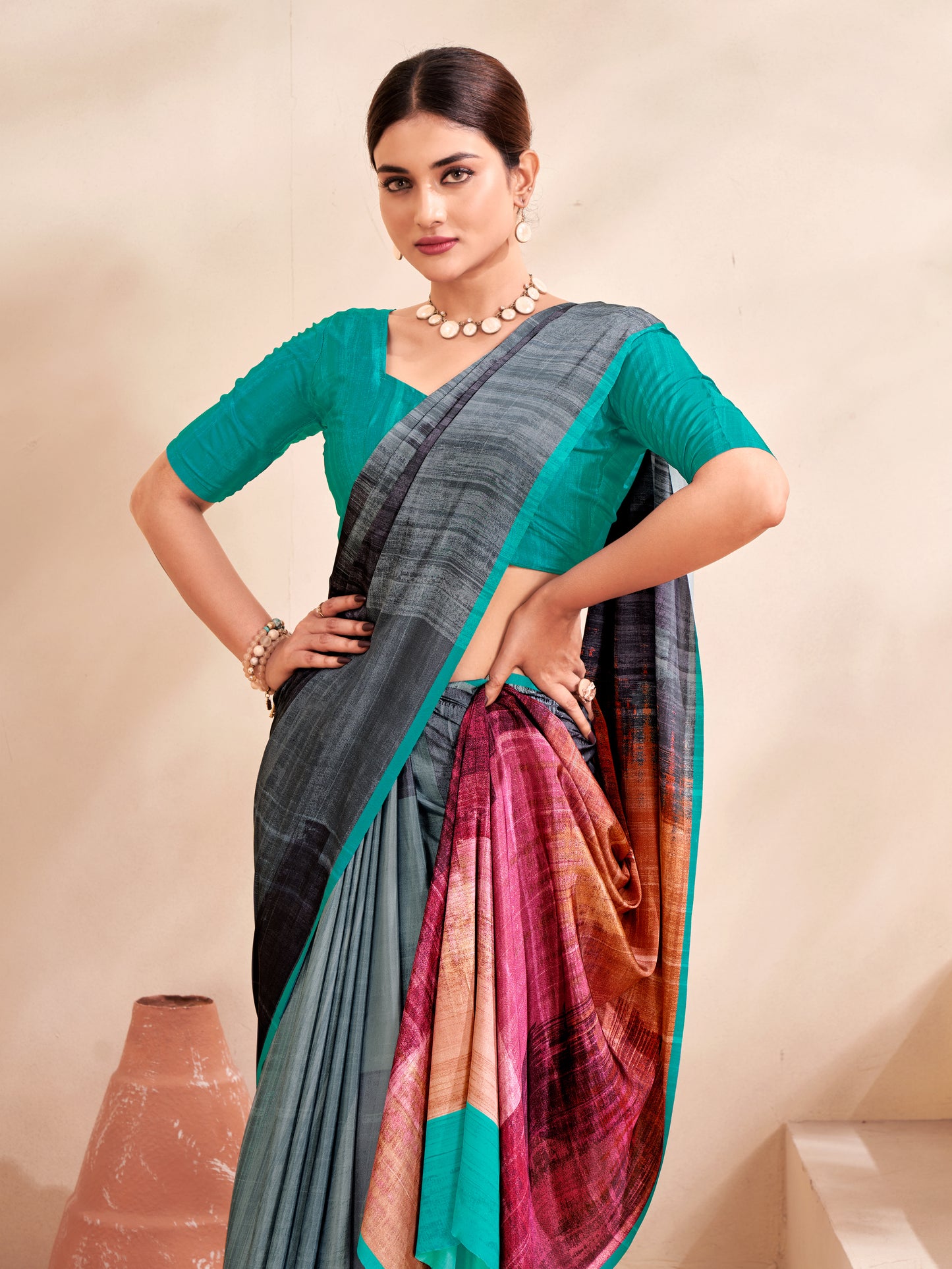 Jivora Women Crepe Soft Silk Striped And Floral Printed Saree with Unstitched Blouse.
