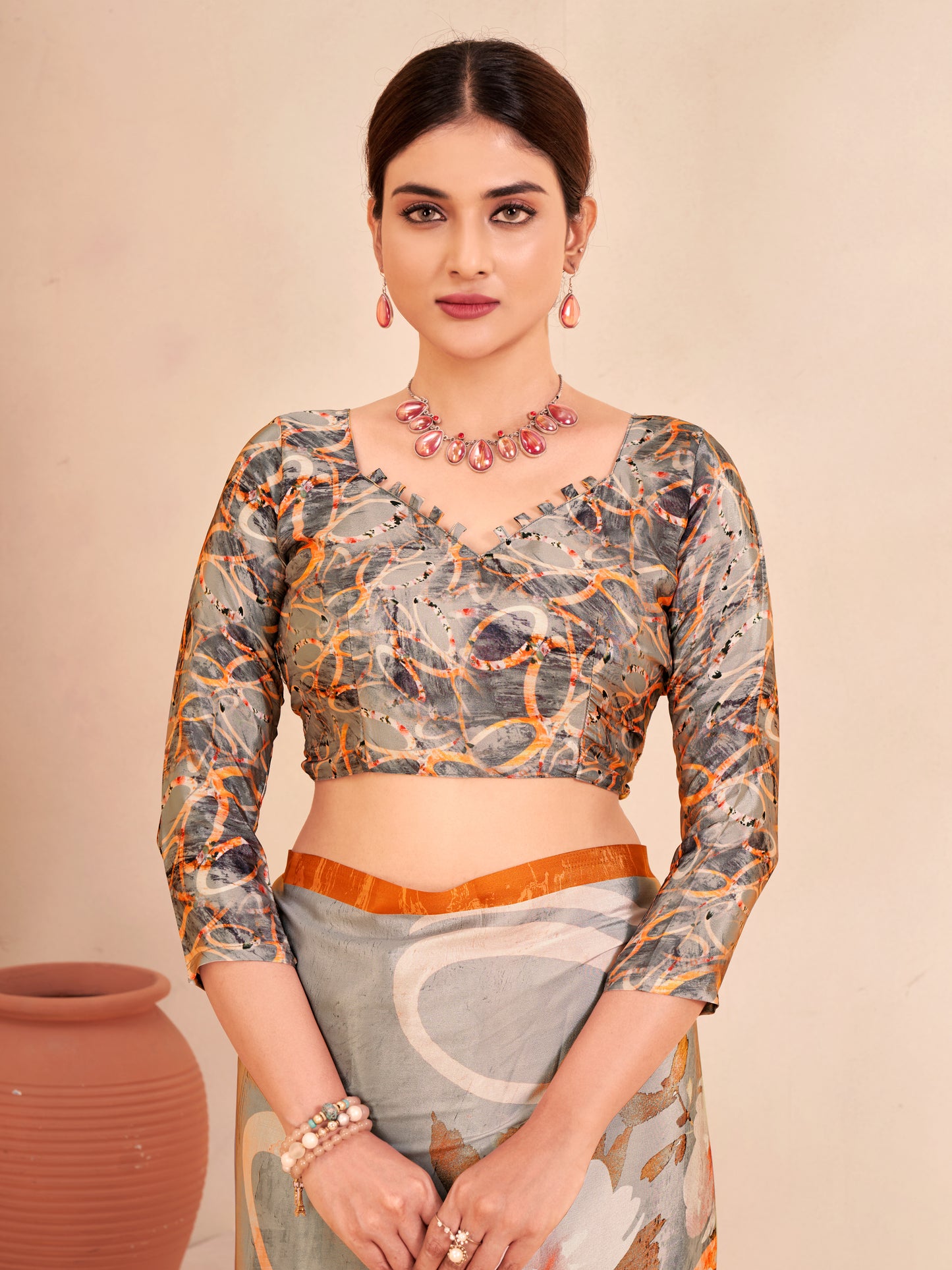 Jivora Women Crepe Soft Silk Striped And Floral Printed Saree with Unstitched Blouse.