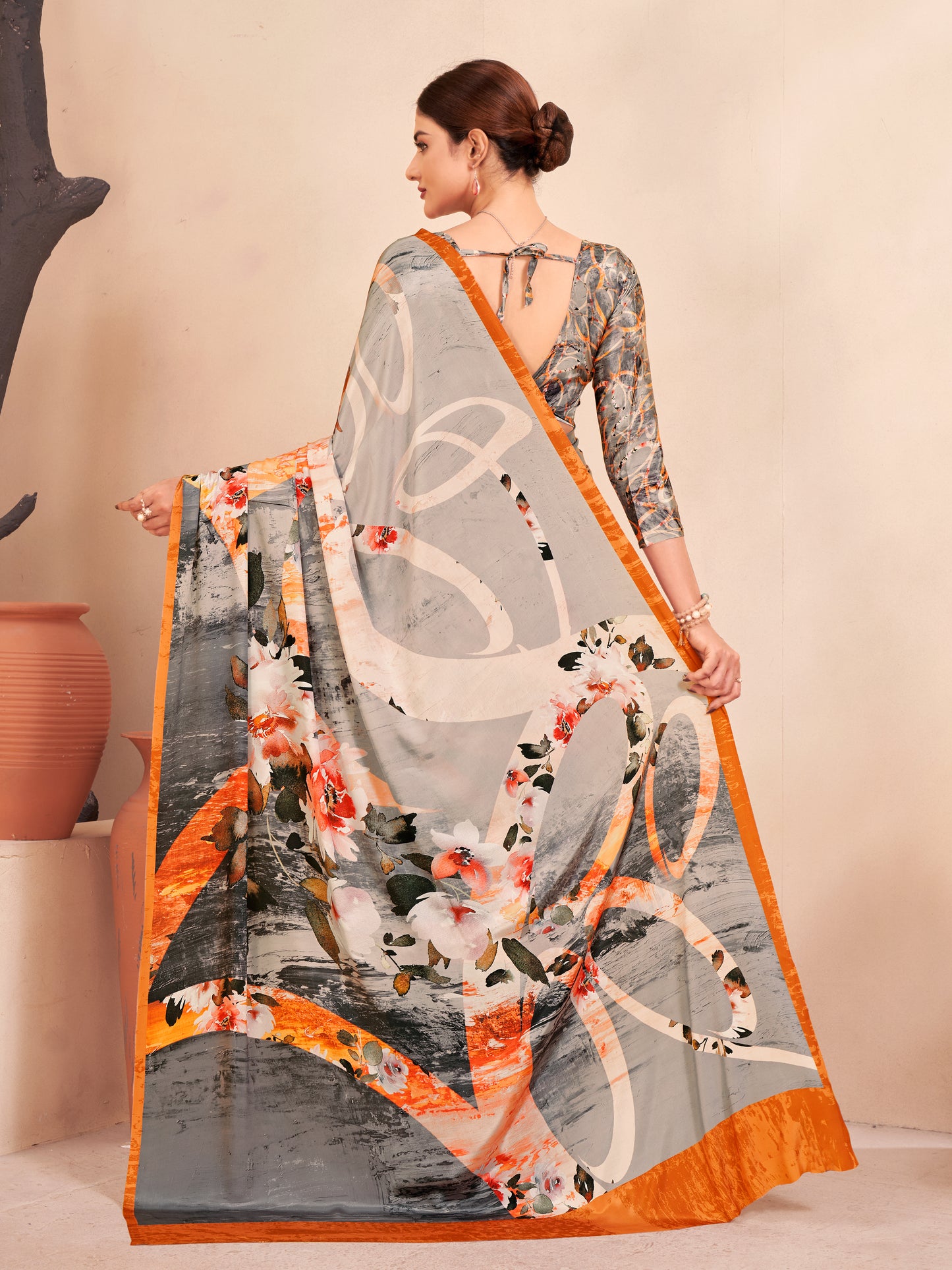 Jivora Women Crepe Soft Silk Striped And Floral Printed Saree with Unstitched Blouse.