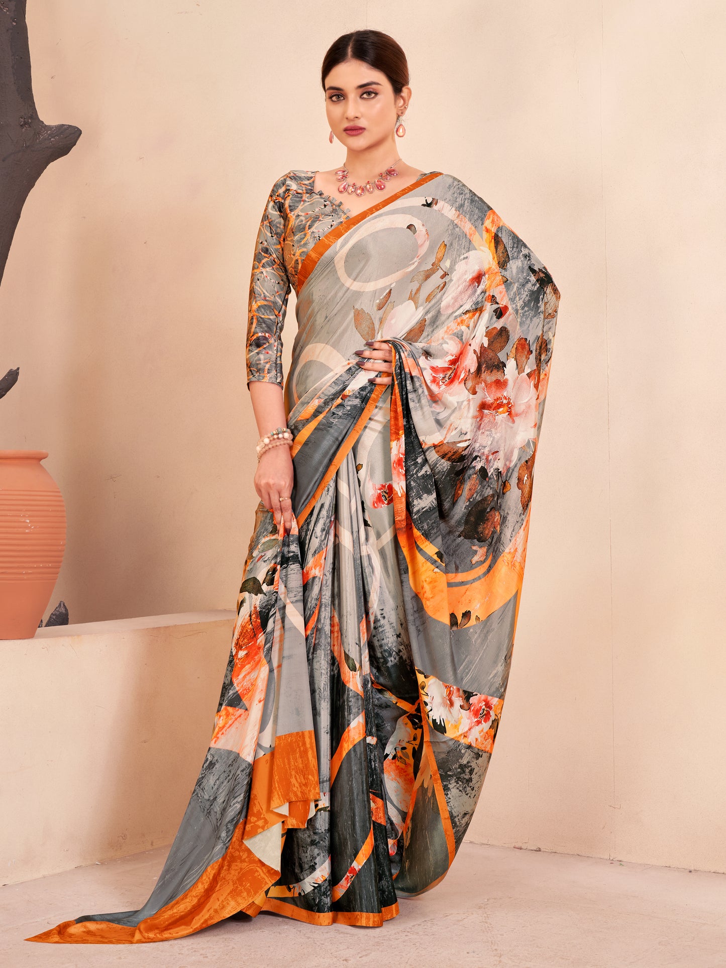 Jivora Women Crepe Soft Silk Striped And Floral Printed Saree with Unstitched Blouse.