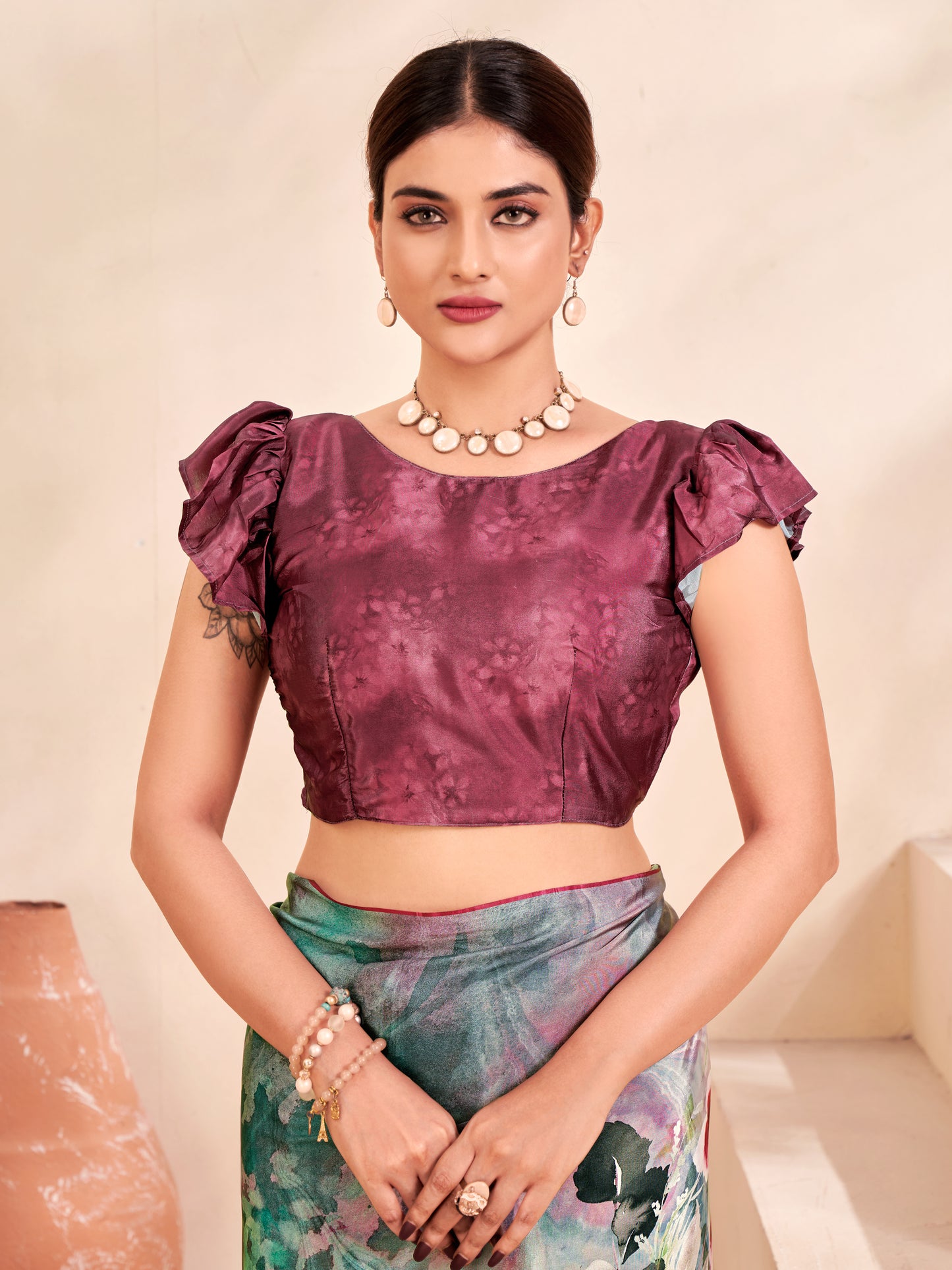 Jivora Women Crepe Soft Silk Striped And Floral Printed Saree with Unstitched Blouse.