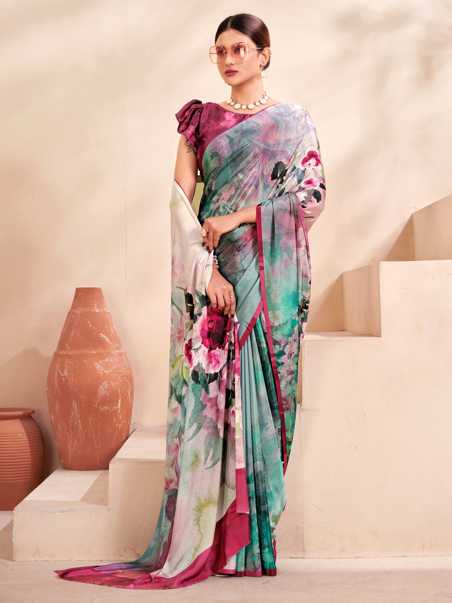 Jivora Women Crepe Soft Silk Striped And Floral Printed Saree with Unstitched Blouse.