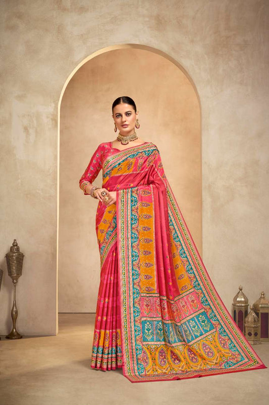 ROYALE – Vibrant Crepe Silk Saree with Rajwadi-Inspired Foil Position Print | Gujarati Royal Elegance