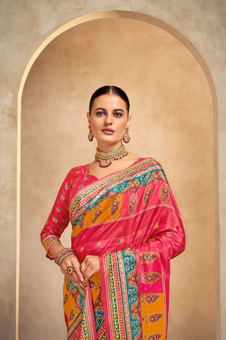 ROYALE – Vibrant Crepe Silk Saree with Rajwadi-Inspired Foil Position Print | Gujarati Royal Elegance