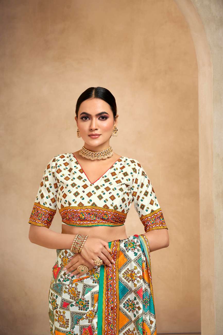 ROYALE – Vibrant Crepe Silk Saree with Rajwadi-Inspired Foil Position Print | Gujarati Royal Elegance