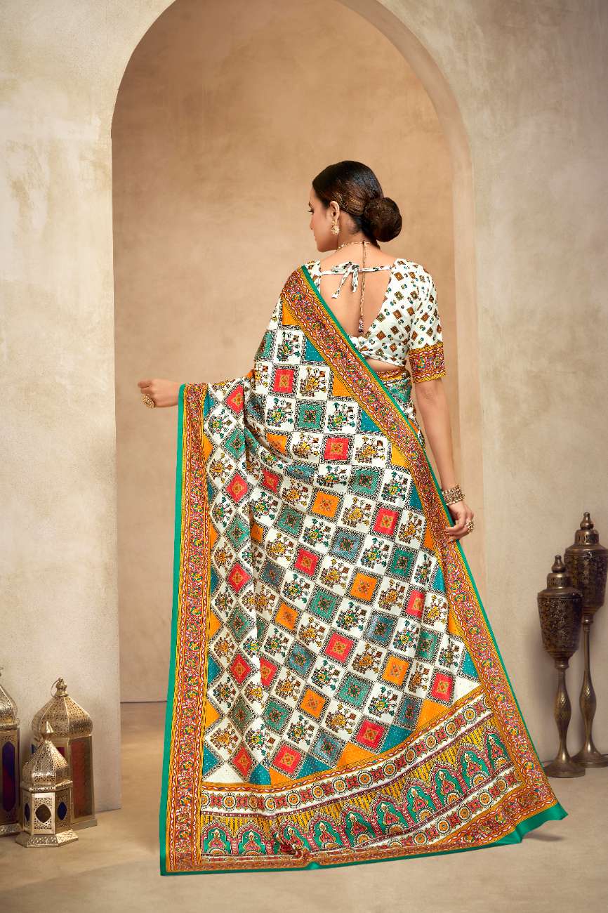 ROYALE – Vibrant Crepe Silk Saree with Rajwadi-Inspired Foil Position Print | Gujarati Royal Elegance