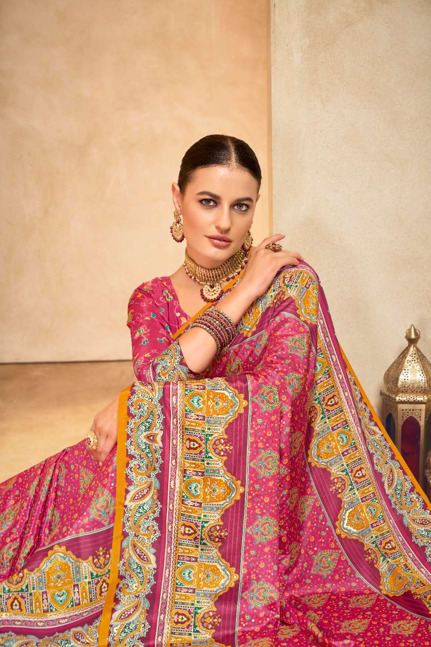 ROYALE – Vibrant Crepe Silk Saree with Rajwadi-Inspired Foil Position Print | Gujarati Royal Elegance