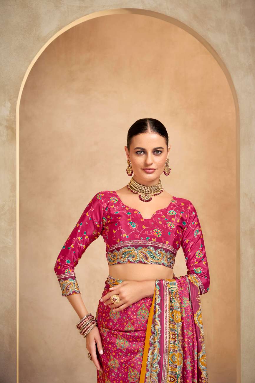 ROYALE – Vibrant Crepe Silk Saree with Rajwadi-Inspired Foil Position Print | Gujarati Royal Elegance