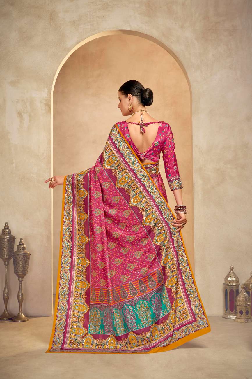 ROYALE – Vibrant Crepe Silk Saree with Rajwadi-Inspired Foil Position Print | Gujarati Royal Elegance