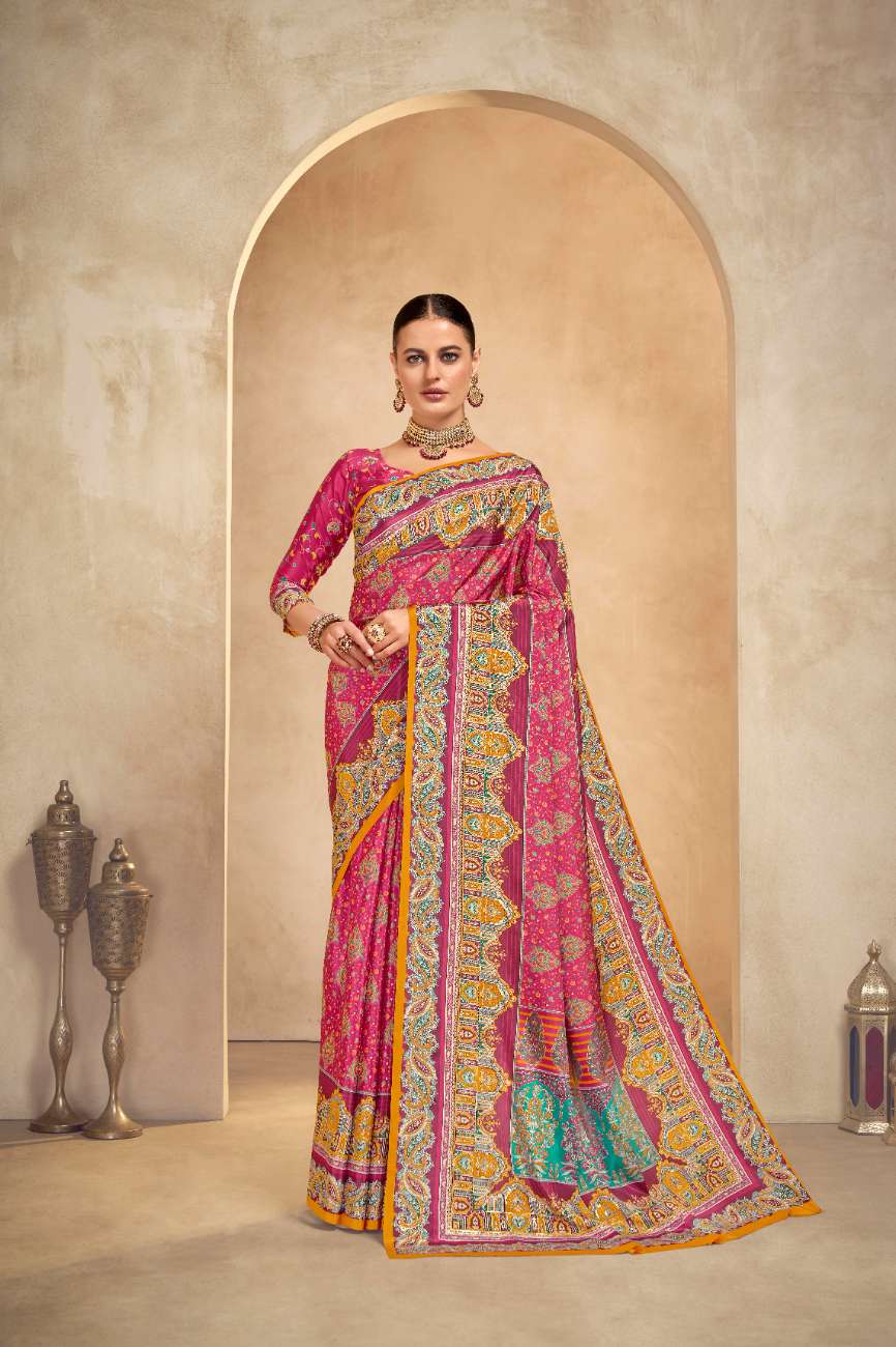 ROYALE – Vibrant Crepe Silk Saree with Rajwadi-Inspired Foil Position Print | Gujarati Royal Elegance