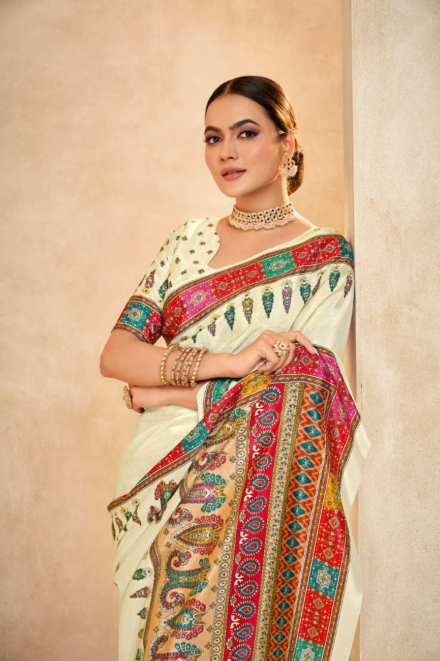 ROYALE – Vibrant Crepe Silk Saree with Rajwadi-Inspired Foil Position Print | Gujarati Royal Elegance