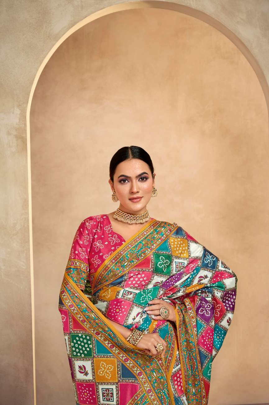 ROYALE – Vibrant Crepe Silk Saree with Rajwadi-Inspired Foil Position Print | Gujarati Royal Elegance