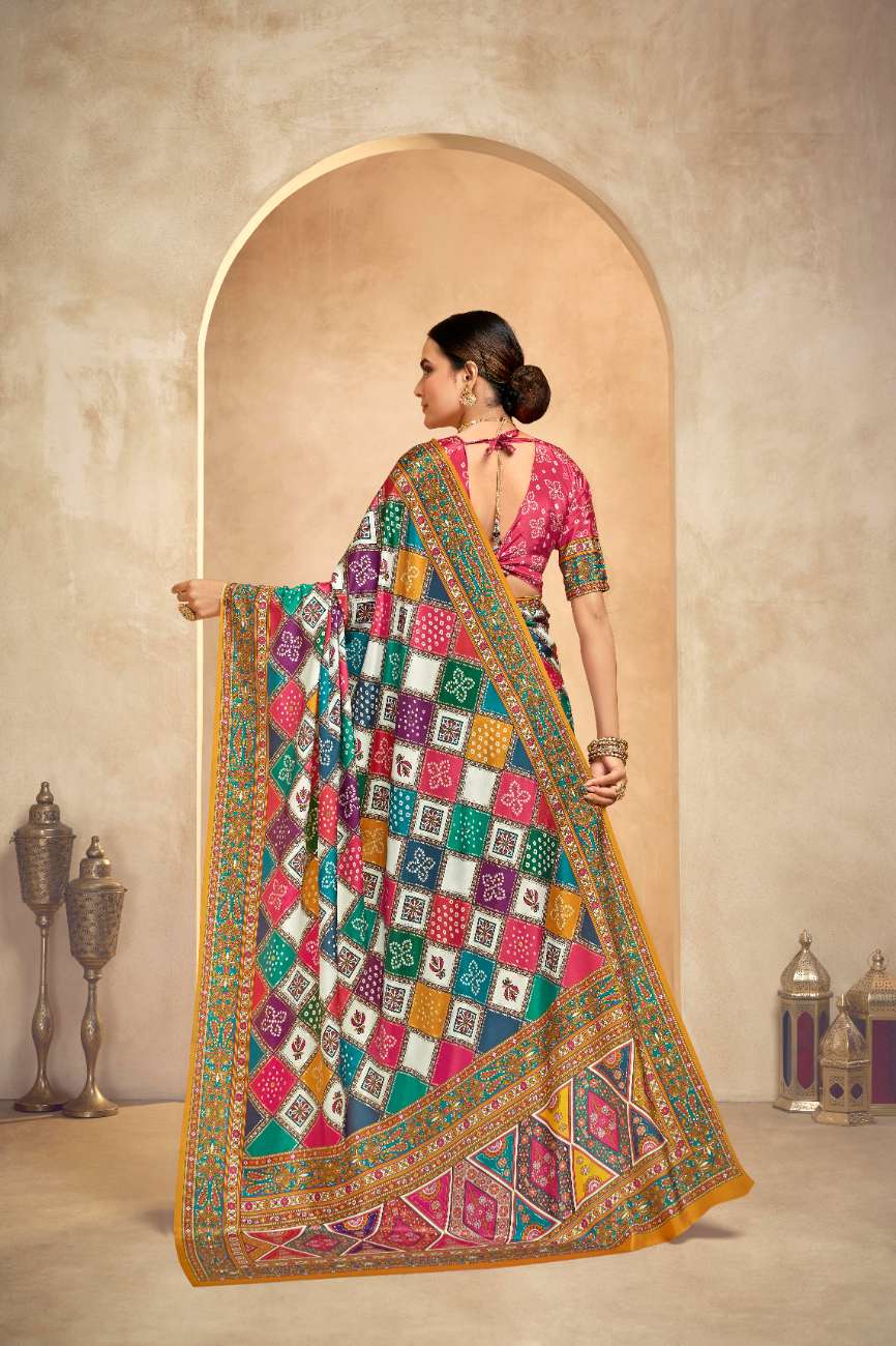 ROYALE – Vibrant Crepe Silk Saree with Rajwadi-Inspired Foil Position Print | Gujarati Royal Elegance
