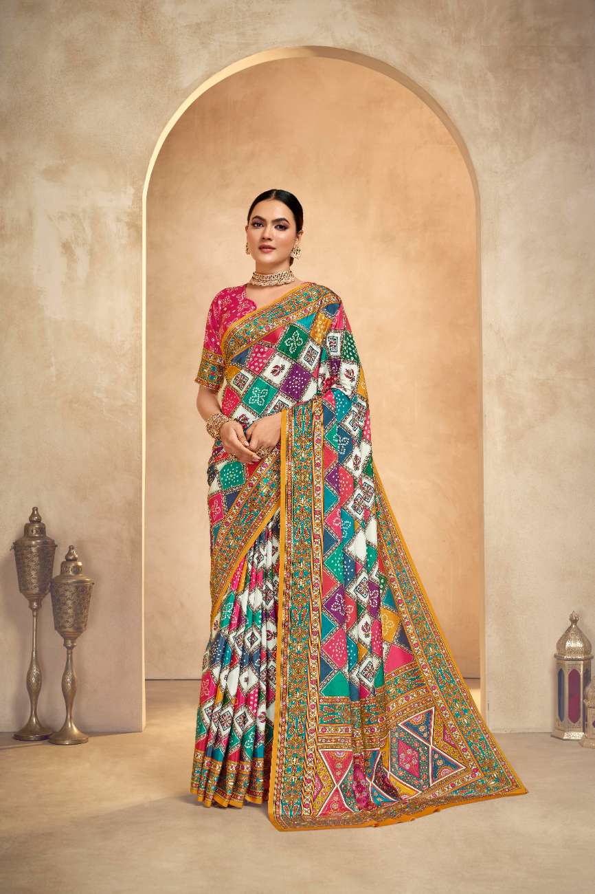 ROYALE – Vibrant Crepe Silk Saree with Rajwadi-Inspired Foil Position Print | Gujarati Royal Elegance