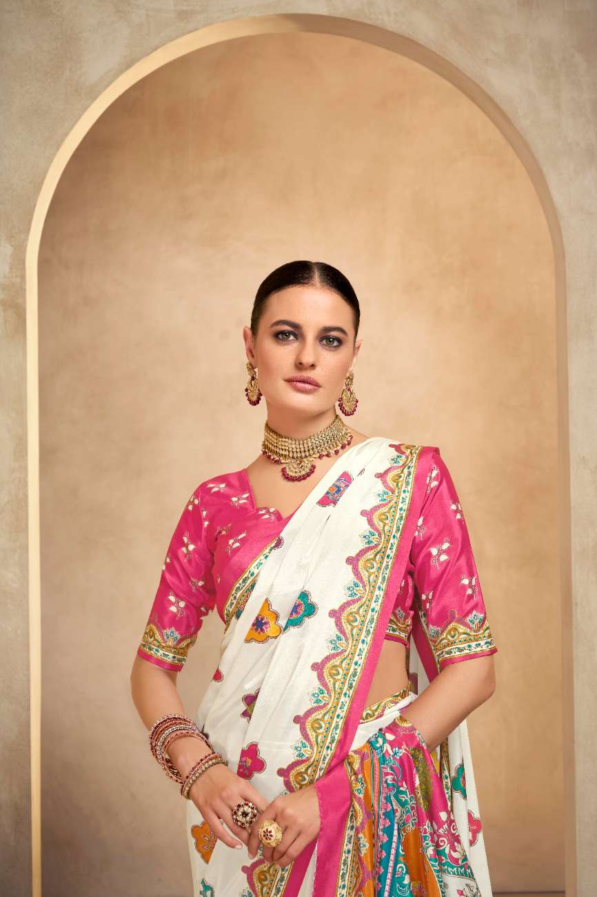 ROYALE – Vibrant Crepe Silk Saree with Rajwadi-Inspired Foil Position Print | Gujarati Royal Elegance
