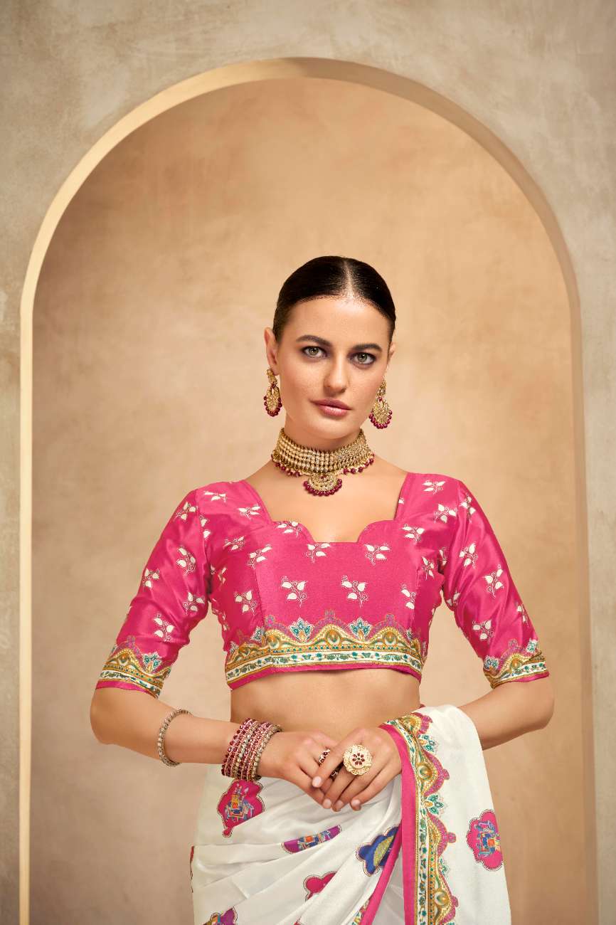 ROYALE – Vibrant Crepe Silk Saree with Rajwadi-Inspired Foil Position Print | Gujarati Royal Elegance