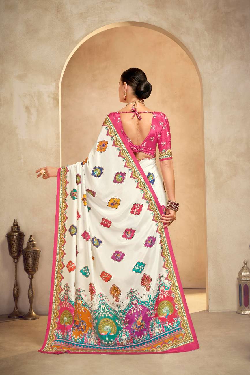 ROYALE – Vibrant Crepe Silk Saree with Rajwadi-Inspired Foil Position Print | Gujarati Royal Elegance