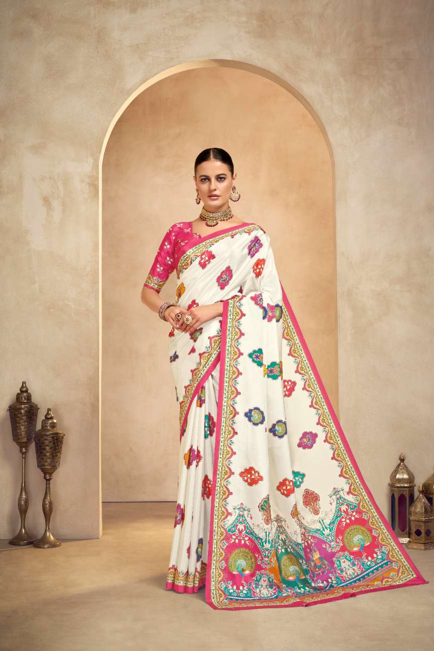 ROYALE – Vibrant Crepe Silk Saree with Rajwadi-Inspired Foil Position Print | Gujarati Royal Elegance
