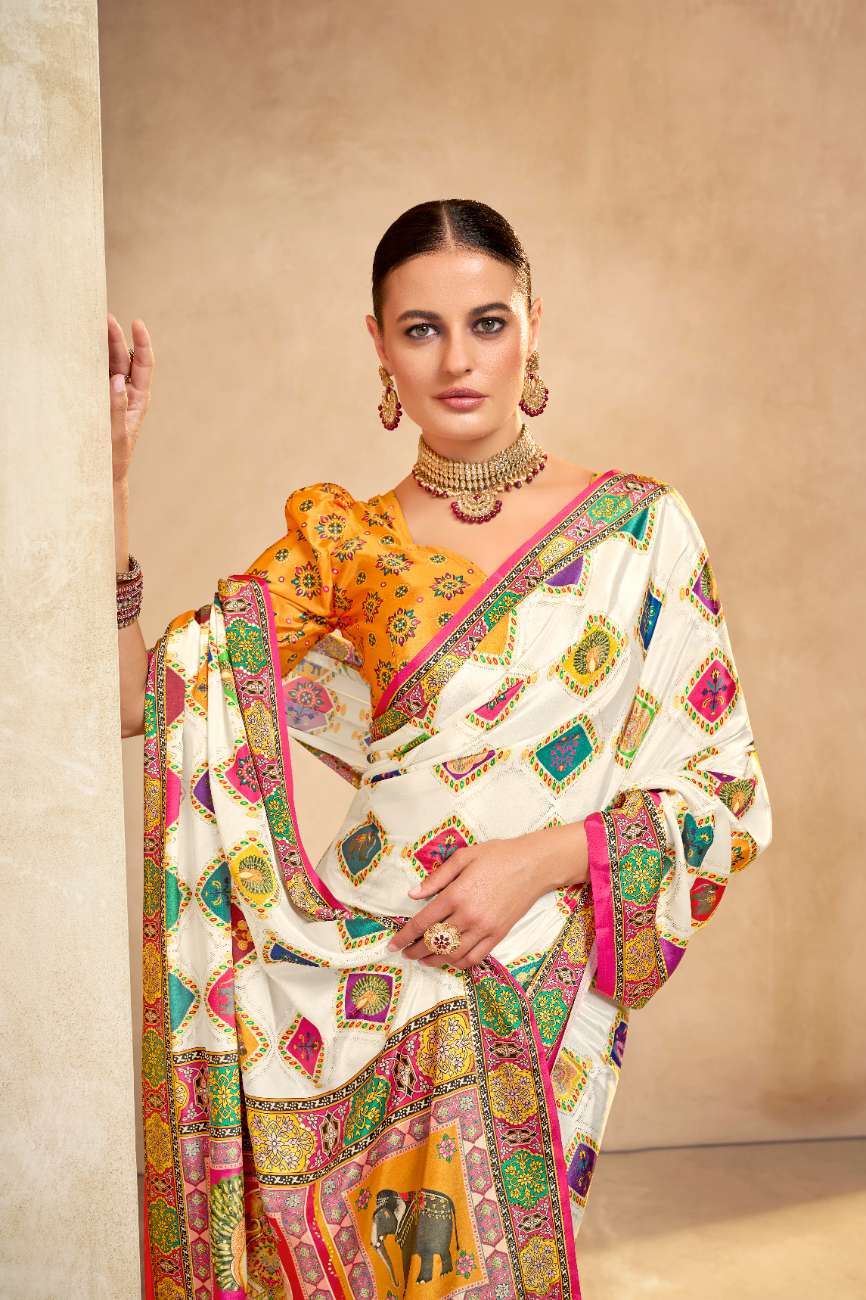 ROYALE – Vibrant Crepe Silk Saree with Rajwadi-Inspired Foil Position Print | Gujarati Royal Elegance