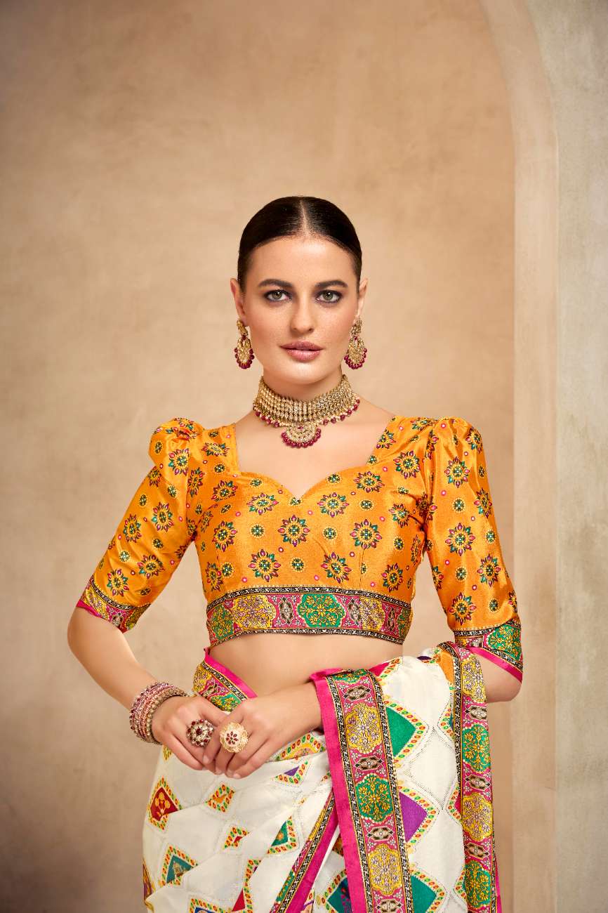 ROYALE – Vibrant Crepe Silk Saree with Rajwadi-Inspired Foil Position Print | Gujarati Royal Elegance