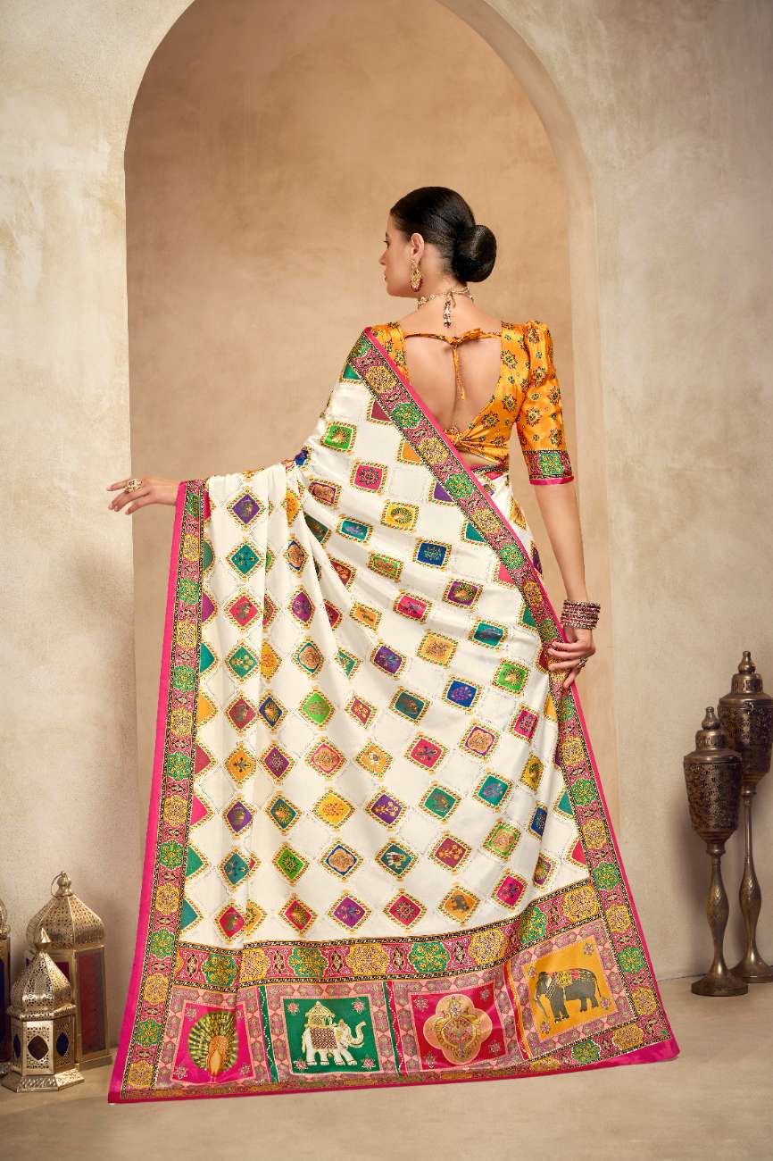 ROYALE – Vibrant Crepe Silk Saree with Rajwadi-Inspired Foil Position Print | Gujarati Royal Elegance