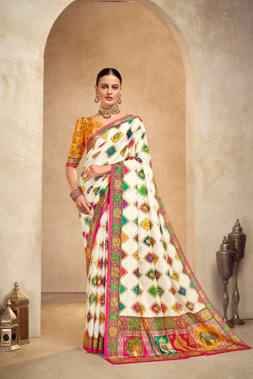 ROYALE – Vibrant Crepe Silk Saree with Rajwadi-Inspired Foil Position Print | Gujarati Royal Elegance