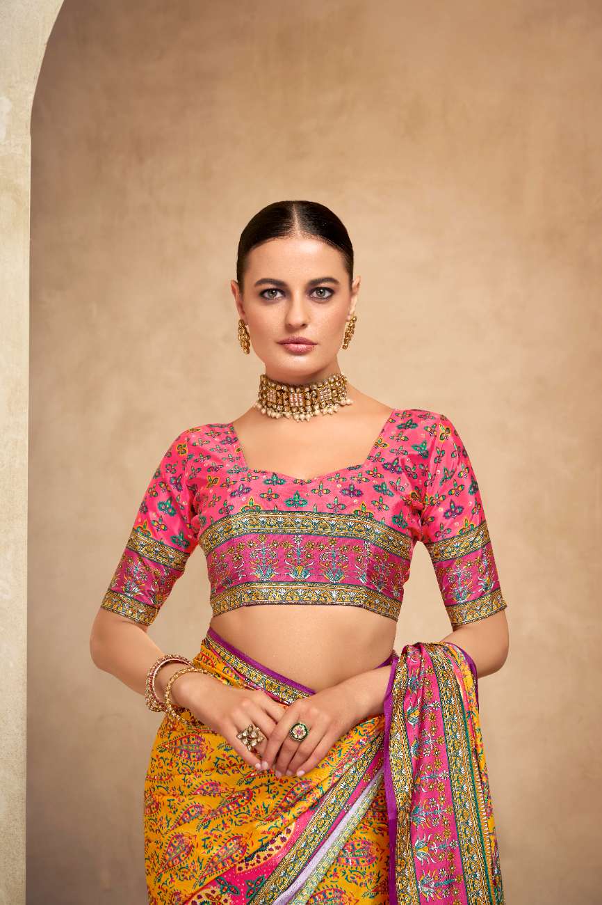 ROYALE – Vibrant Crepe Silk Saree with Rajwadi-Inspired Foil Position Print | Gujarati Royal Elegance