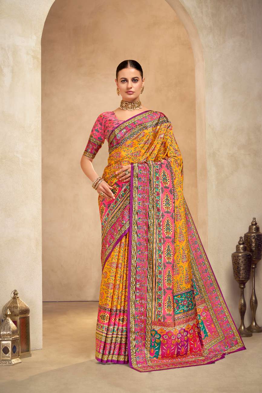 ROYALE – Vibrant Crepe Silk Saree with Rajwadi-Inspired Foil Position Print | Gujarati Royal Elegance