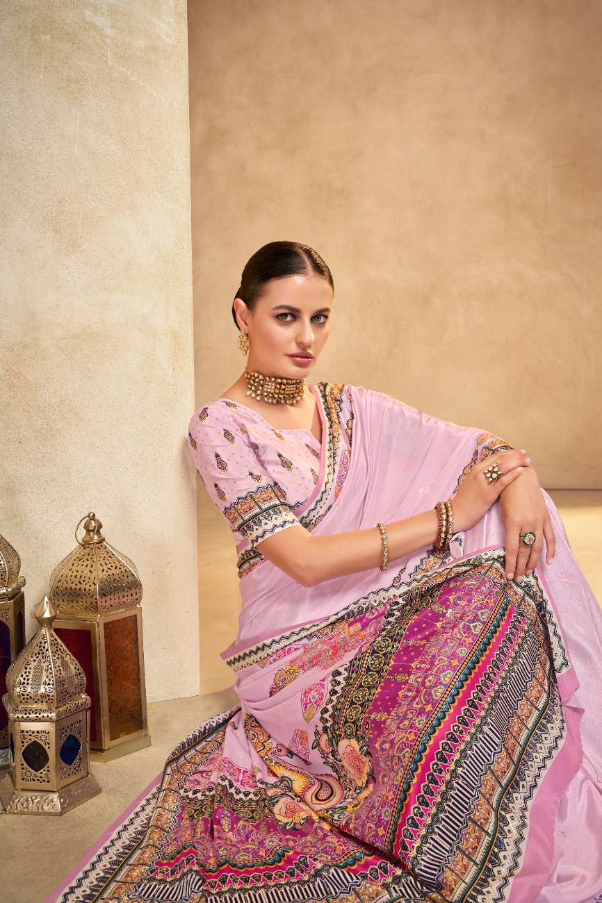 ROYALE – Vibrant Crepe Silk Saree with Rajwadi-Inspired Foil Position Print | Gujarati Royal Elegance