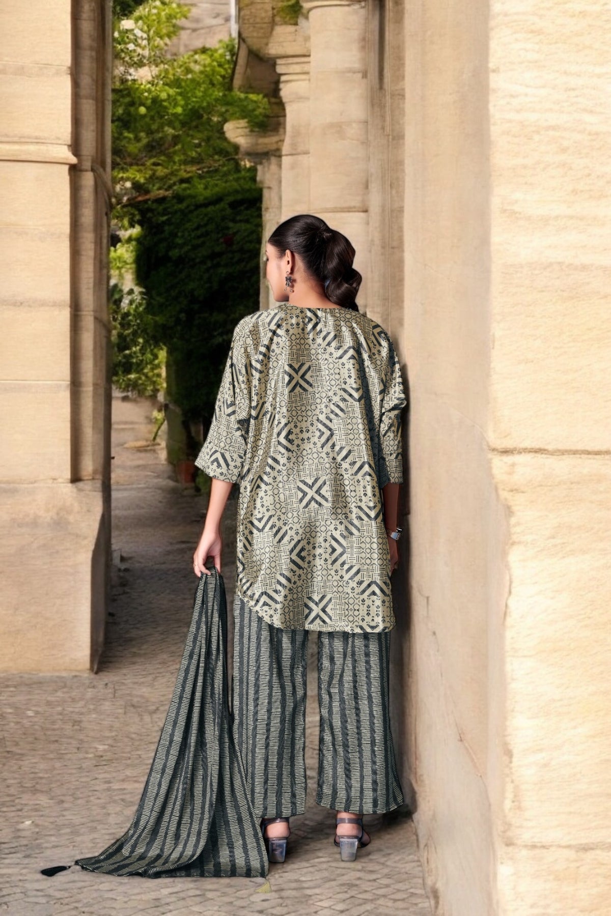 Elegant Crepe Silk Co-Ord Set with Pastel Floral Digital Print & Matching Scarf -Beige