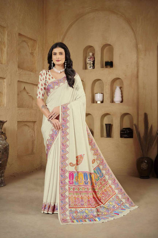 AASEA Elegant Royal Rajwadi Foil Print Saree in Crepe Silk
