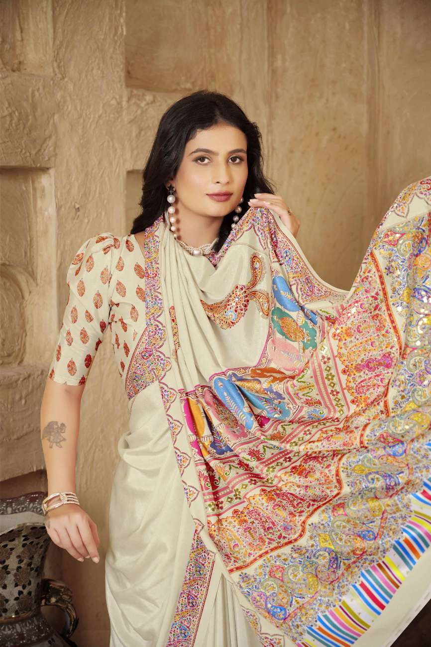 AASEA Elegant Royal Rajwadi Foil Print Saree in Crepe Silk