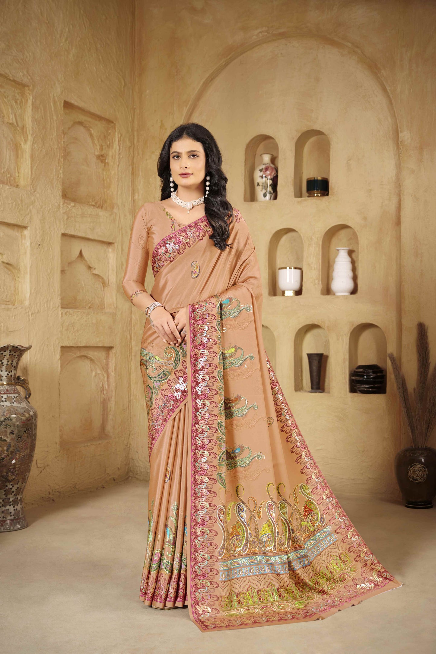 AASEA Elegant Royal Rajwadi Foil Print Saree in Crepe Silk