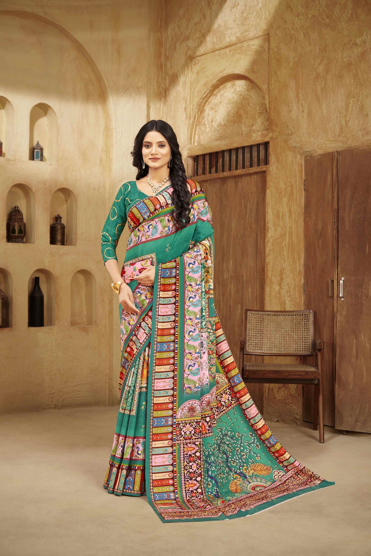 AASEA Elegant Royal Rajwadi Foil Print Saree in Crepe Silk