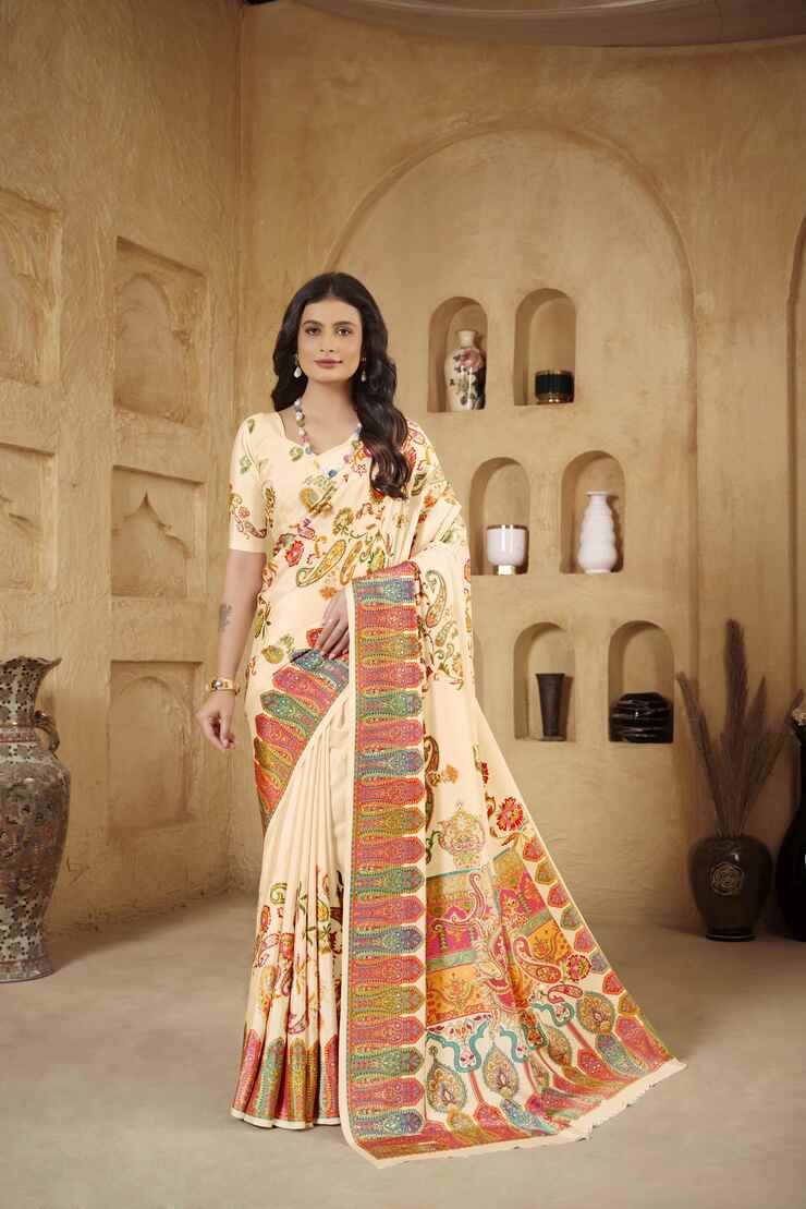AASEA Elegant Royal Rajwadi Foil Print Saree in Crepe Silk