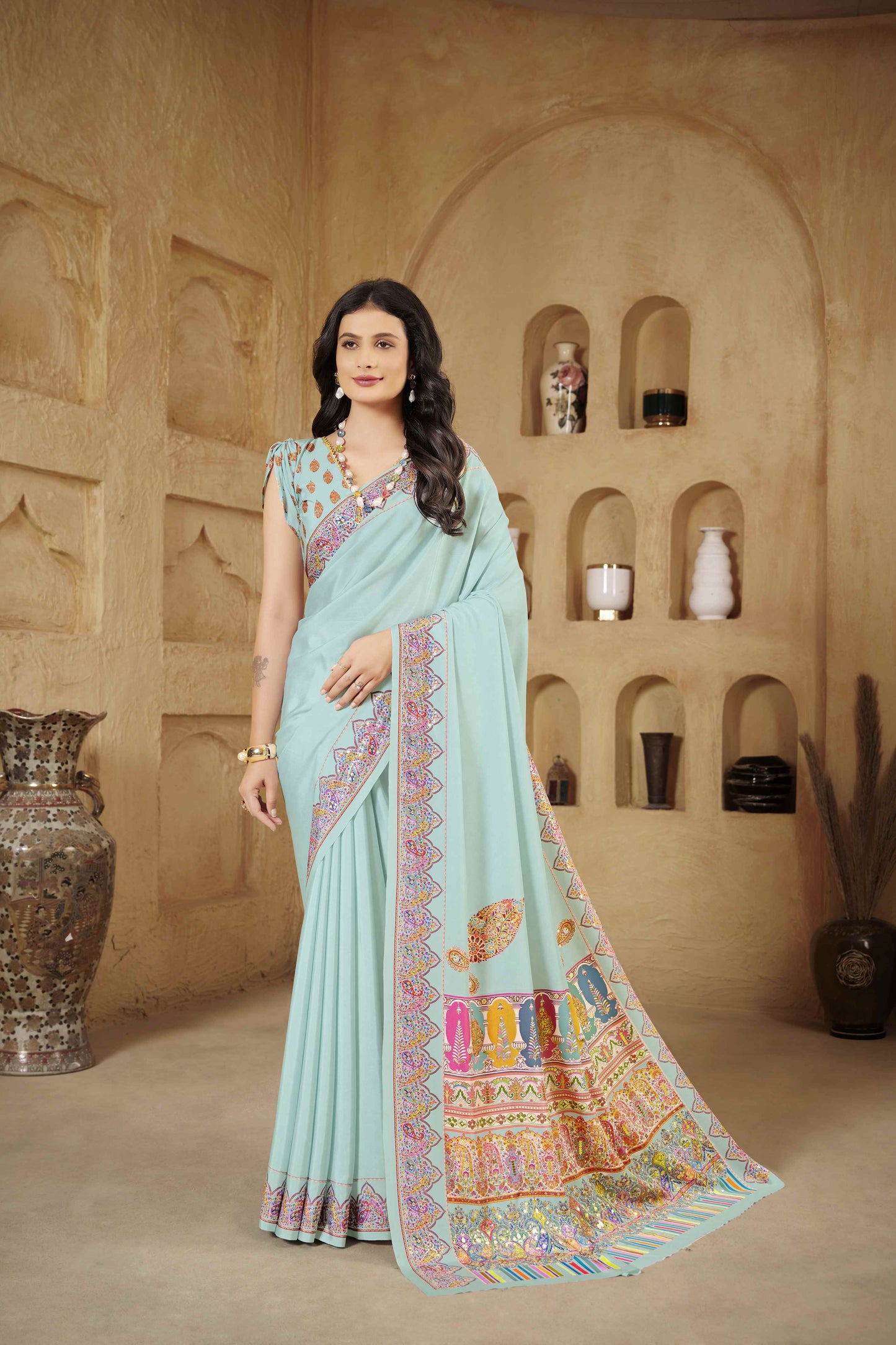 AASEA Elegant Royal Rajwadi Foil Print Saree in Crepe Silk