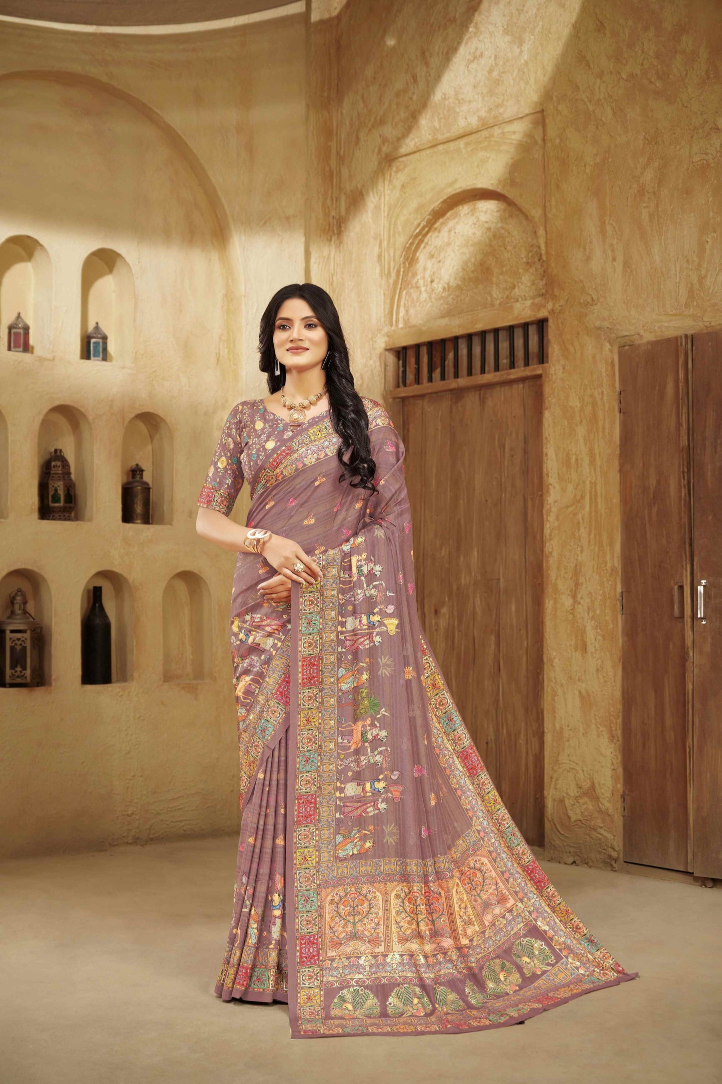 AASEA Elegant Royal Rajwadi Foil Print Saree in Crepe Silk