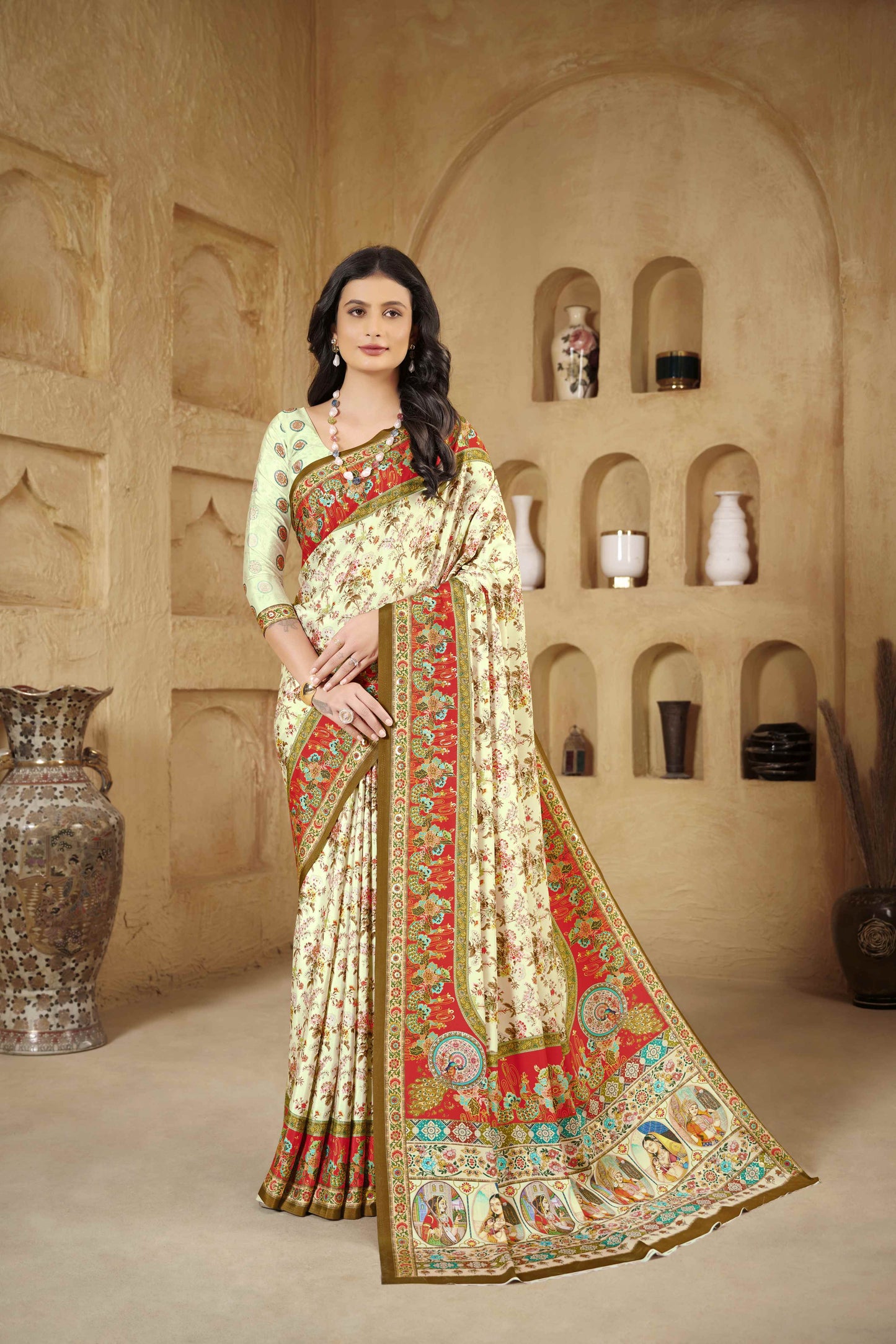 AASEA Elegant Royal Rajwadi Foil Print Saree in Crepe Silk