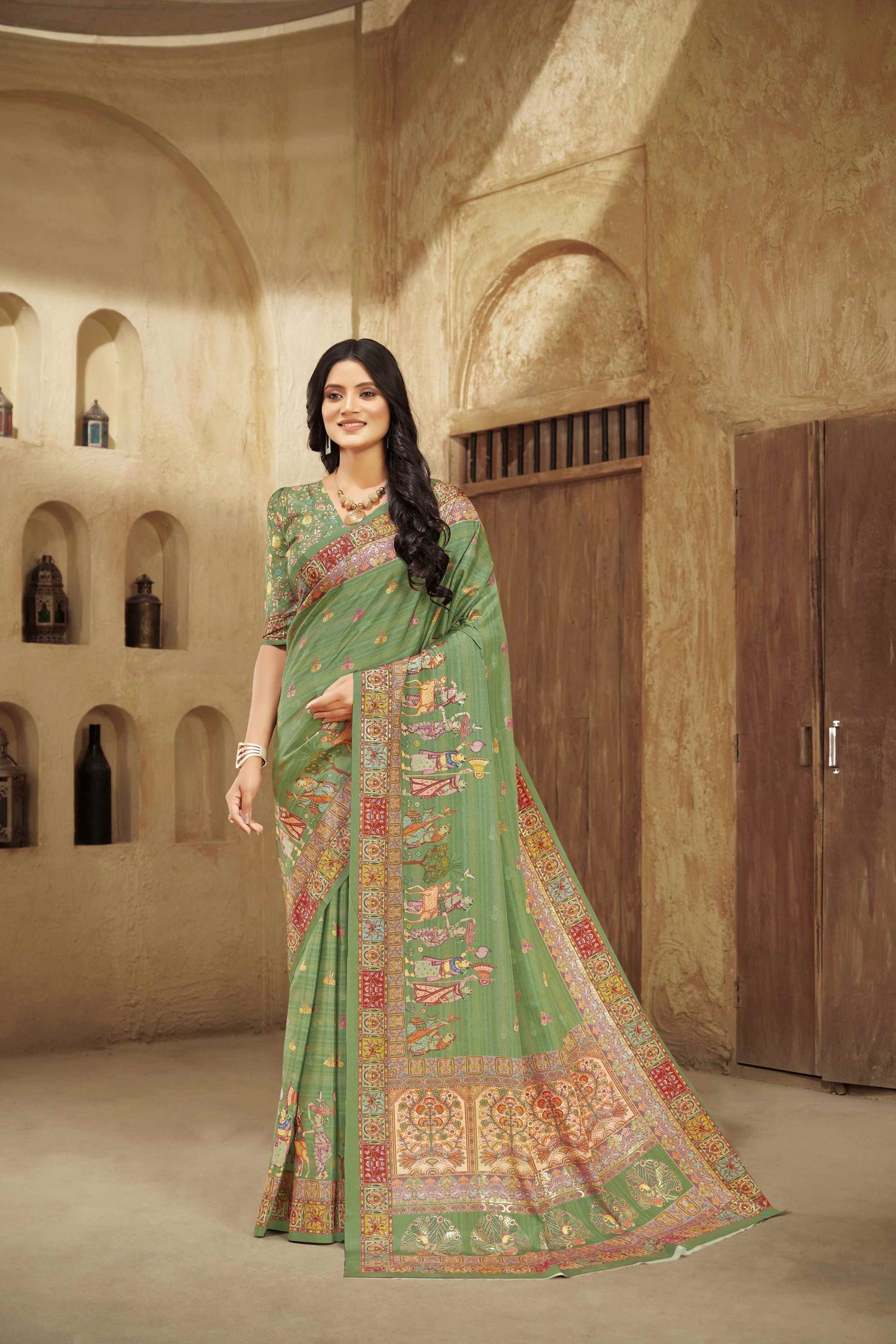AASEA Elegant Royal Rajwadi Foil Print Saree in Crepe Silk