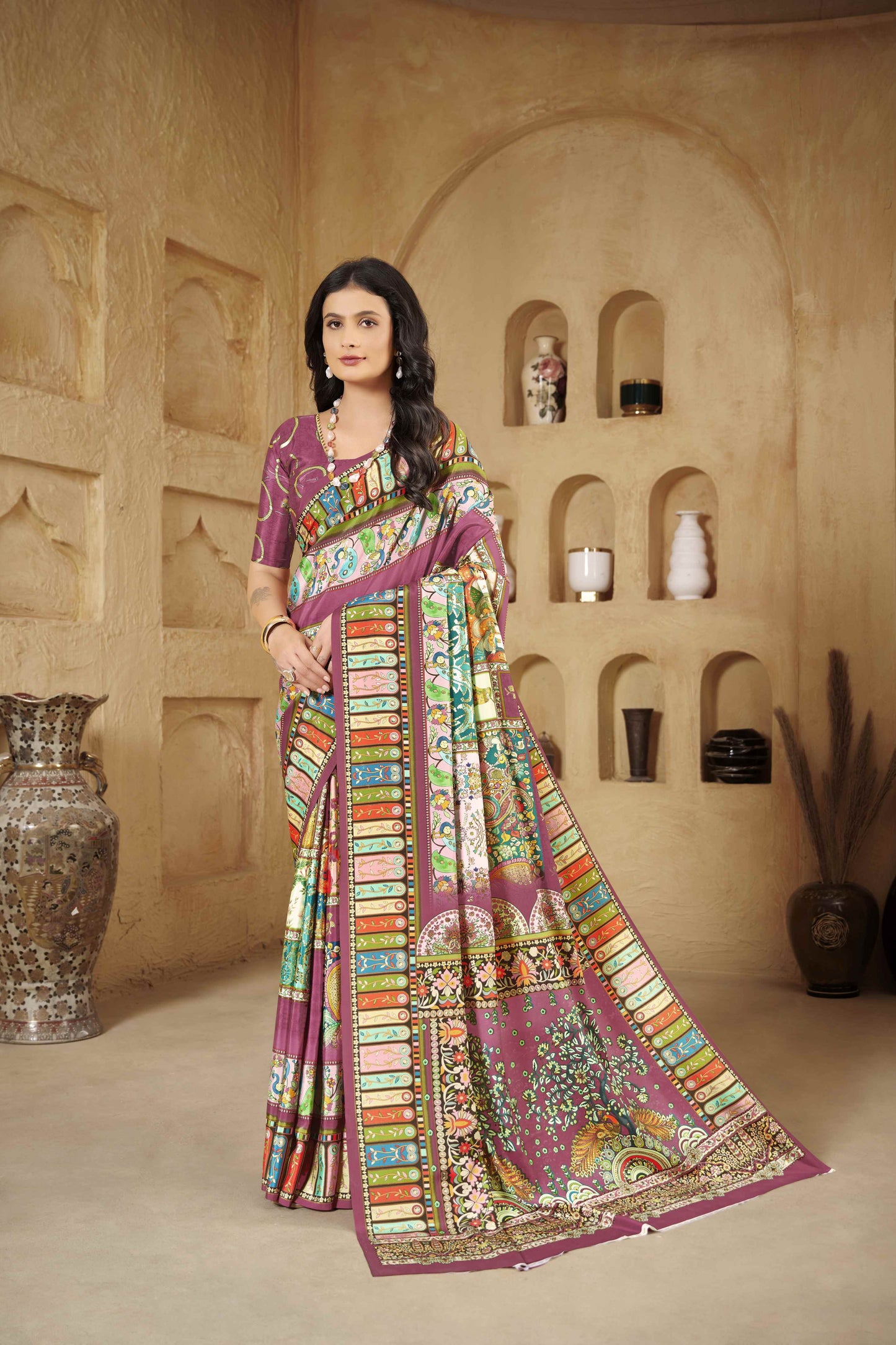 AASEA Elegant Royal Rajwadi Foil Print Saree in Crepe Silk