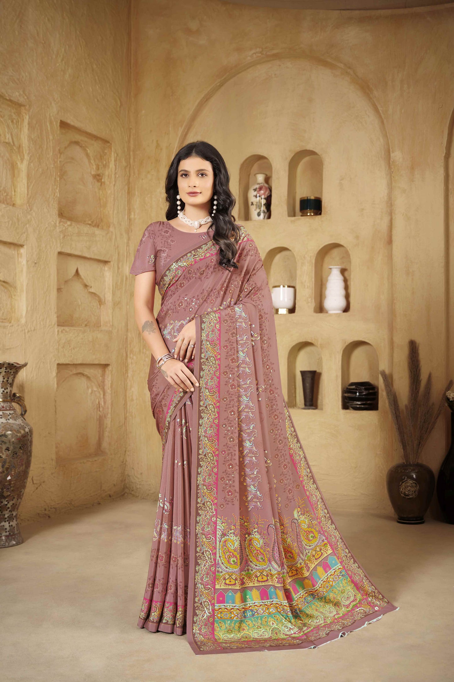 AASEA Elegant Royal Rajwadi Foil Print Saree in Crepe Silk