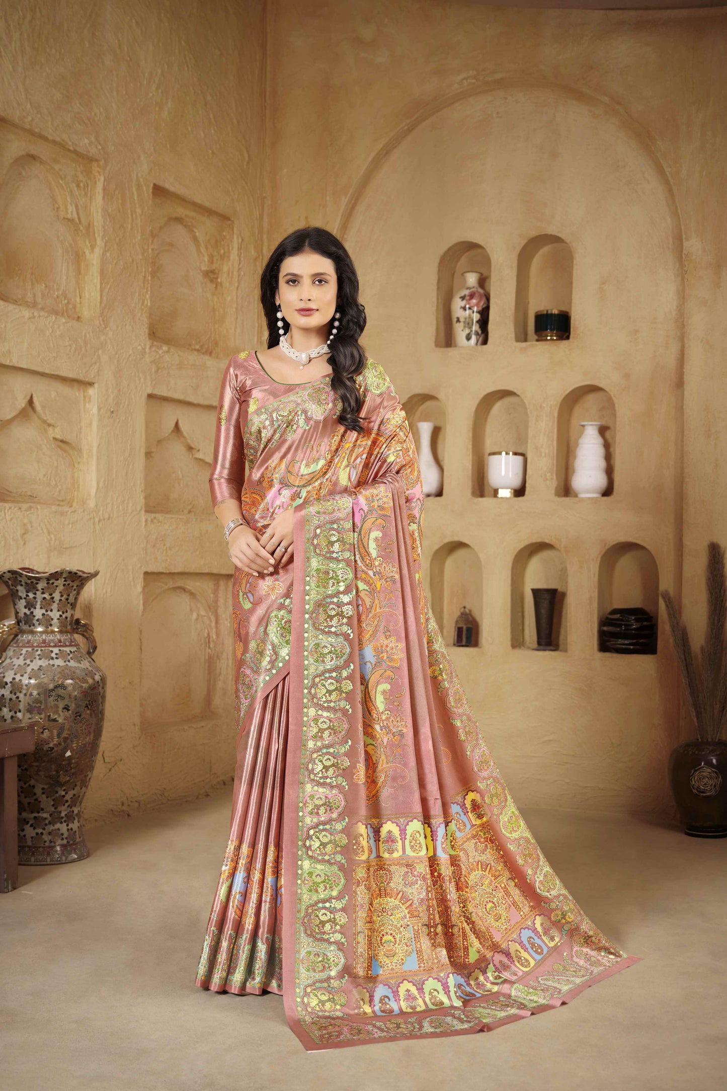 AASEA Elegant Royal Rajwadi Foil Print Saree in Crepe Silk