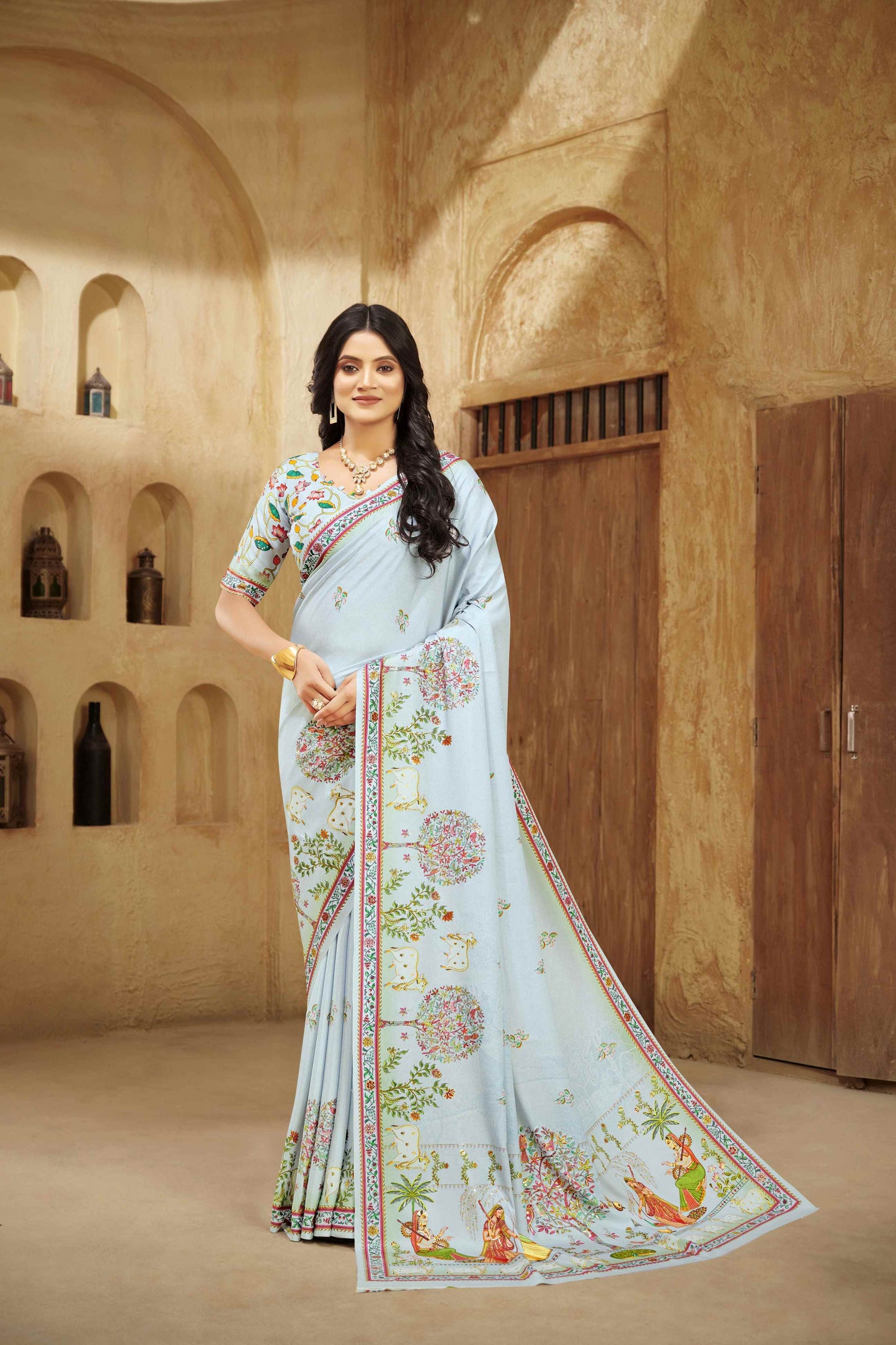 AASEA Elegant Royal Rajwadi Foil Print Saree in Crepe Silk