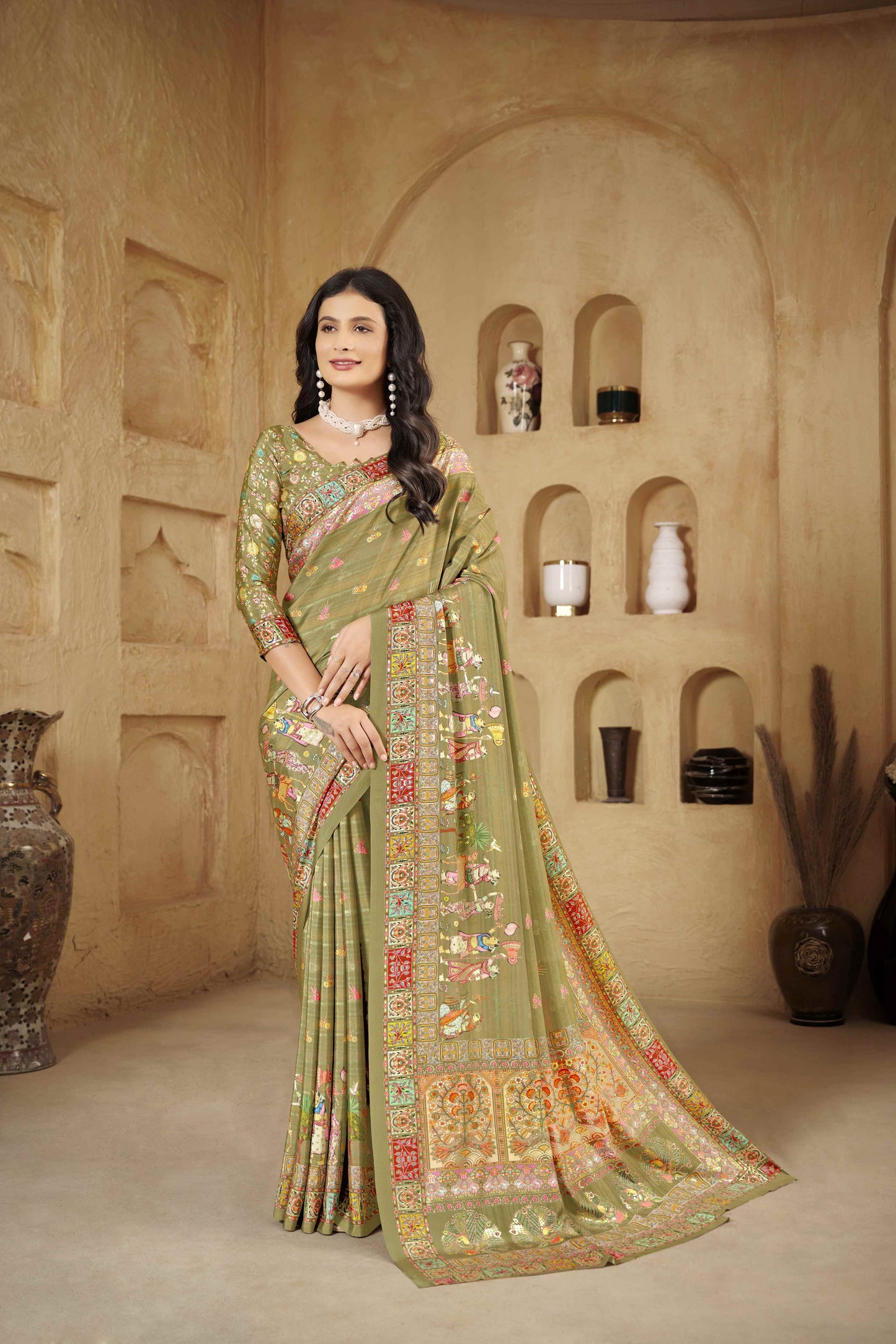 AASEA Elegant Royal Rajwadi Foil Print Saree in Crepe Silk