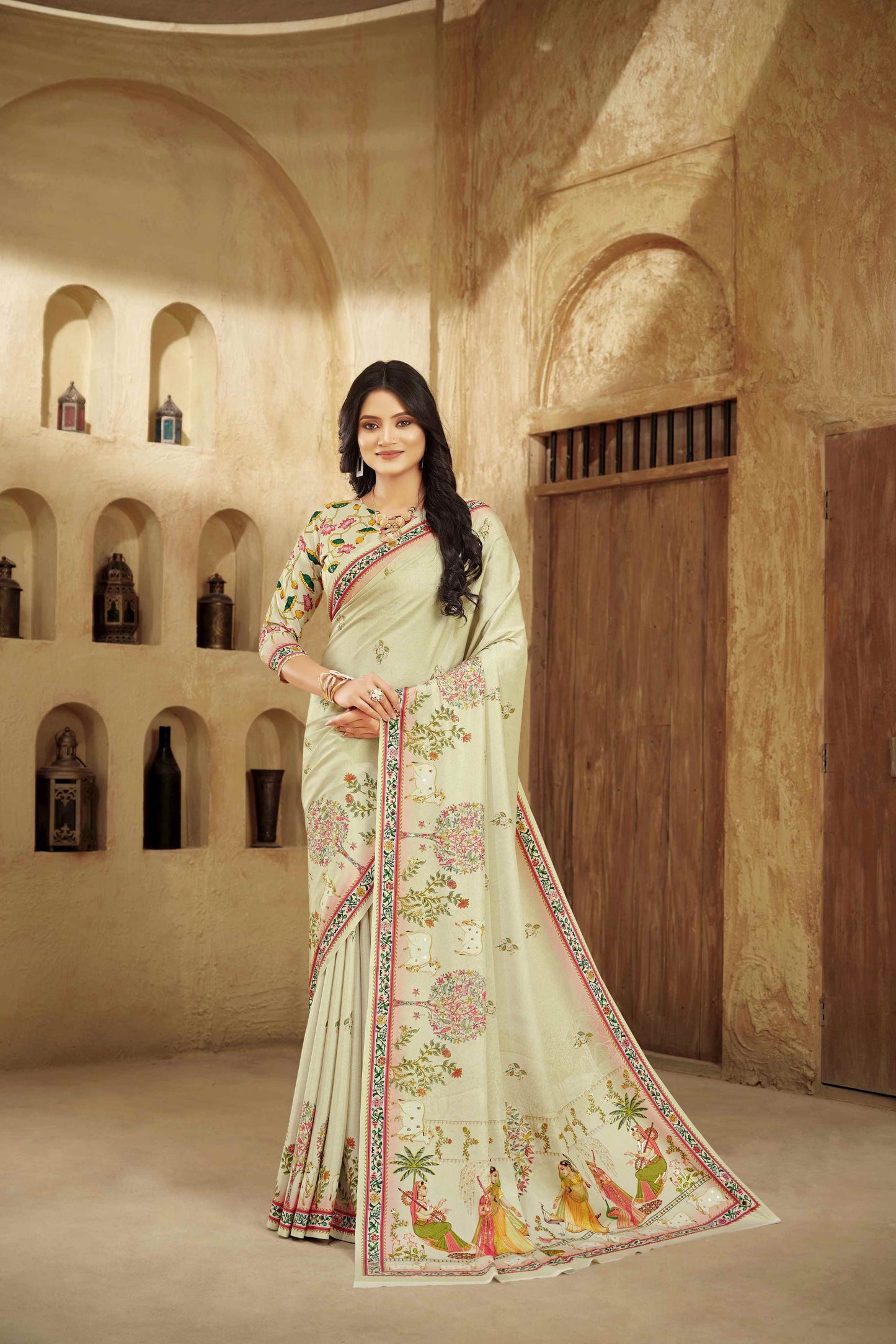 AASEA Elegant Royal Rajwadi Foil Print Saree in Crepe Silk