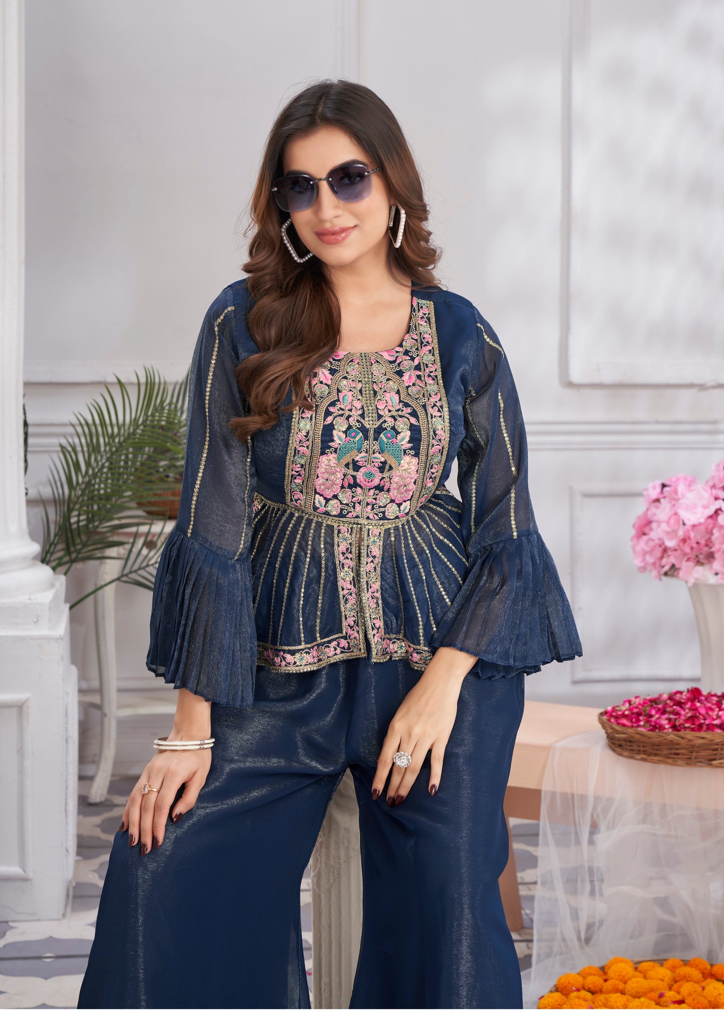 Premium Shimmer Georgette & Fancy Fabric Embroidery & Hand Work Fancy Crop Top/Sharara & Choli