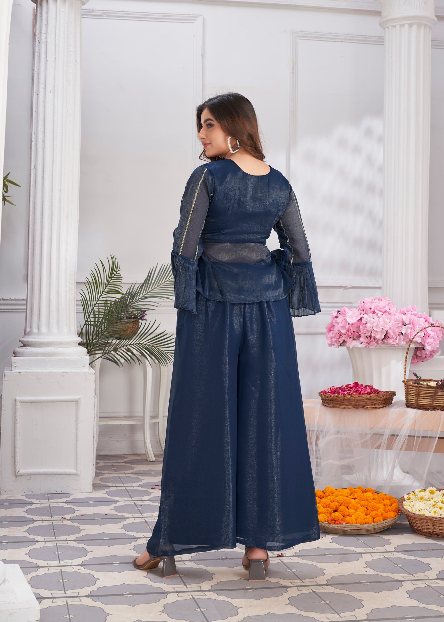Premium Shimmer Georgette & Fancy Fabric Embroidery & Hand Work Fancy Crop Top/Sharara & Choli